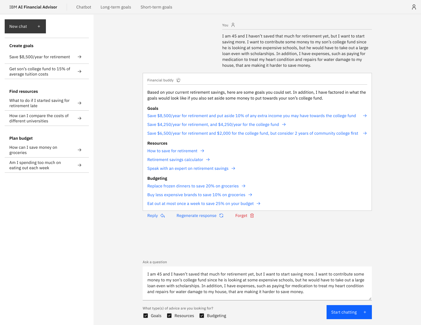 Chatbot conversation page.